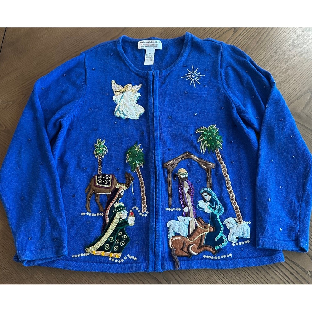Heirloom Collectibles Christmas Nativity Cardigan Sweater Blue XL Ramie Cotton